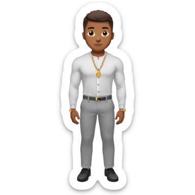 Handsome Black guy with brown skin tone, with lean muscular build, wearing gray slacks, a long sleeved white button up top, black shoes, and a small gold chain sticker