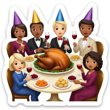 Thanksgiving Dinner with 6 friends of all different races around the table; have the food be a cooked turkey, mashed potatoes, corn, a basket of biscuits, a small bowl of cranberry sauce, baked yams, steamed vegetables, and a bottle of wine. sticker