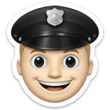 Black-and-white line drawing of a cartoon face with a round head, large round eyes, and a wide toothy grin showing a big happy smile. He is a police officer stopping you. Plain white background, simple and playful style. sticker