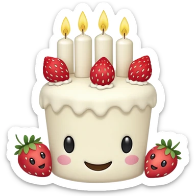 Jellycat vanilla cake with white frostting and strawberries on top with one candle with smiley face and legs sticker