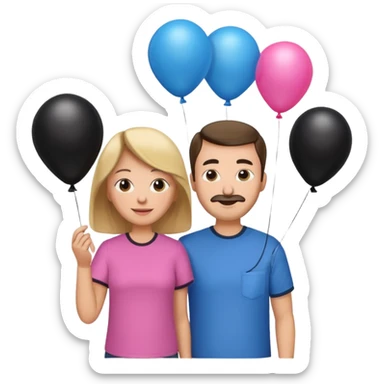 Mom in pink shirt dad in blue shirt holding black baloon happy 1 baloon sticker
