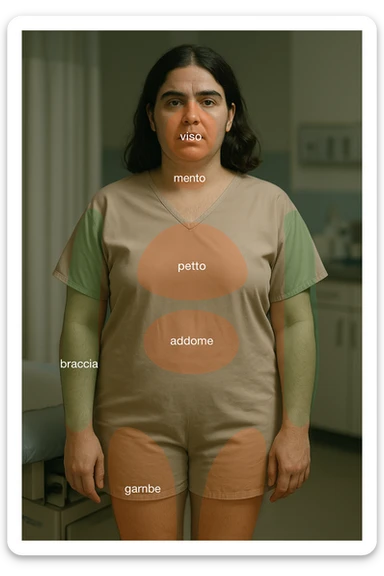 Realistic and cinematic vertical image of a woman with PCOS. Highlight with colors or transparencies the areas most affected by excess hair (face, chin, chest, abdomen, arms, legs). Clinical atmosphere with captions in Italian. Aspect ratio 2:3. sticker