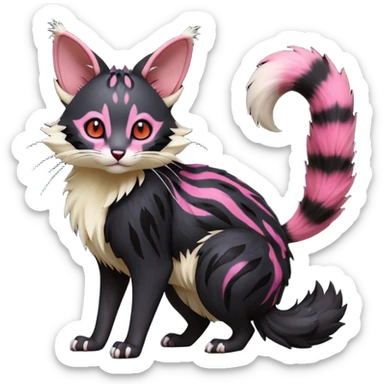 Hyper realistic  void-black fur haunted by crimson neon pulse-lines like living circuitry beautiful elegant pretty precious cute  Fakémon-Pokémon-opossum-feline-serval-caracal-chinchilla-Furret-Minccino-hybrid-creature with a big fluffy bushy tail (full body) sticker