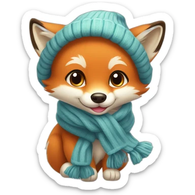 A cute little charming fox cub in a winter hat and scarf shows his tongue sticker