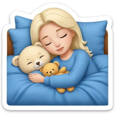 single-girl-in-Warm Cream-cozy-blue-bed-sleeping-pretty-eyelashes-light-skin-with toy sticker
