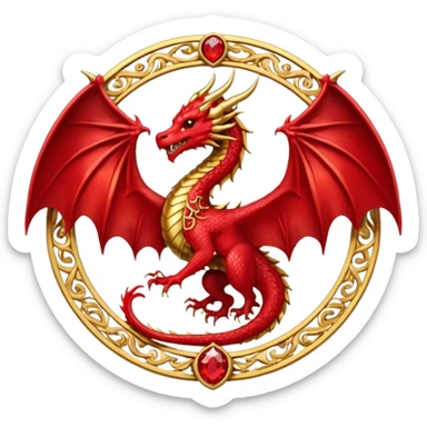 Golden Dragon with wings crest/brosch in a circle with red gems sticker