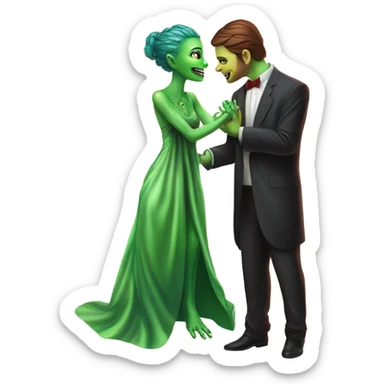 alien reptilian green skin woman, long slim pastel orange formal party satin dress with gradient shiny sparkling dark red, and caucasian man in black dres on his knees asks her to marry her sticker
