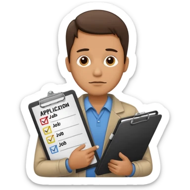 Man looking sad while holding a clipboard with a checklist that has a heading that says job application  sticker