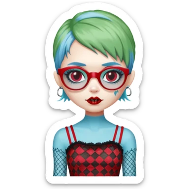 Ghoulia yelps monster high doll in scene/emo style cherry print dress with fishnet sleeves, clothes, thin, small, red, rectangle glasses, pale white-blue skin, pale-green pixie-cut, zombie scars sticker