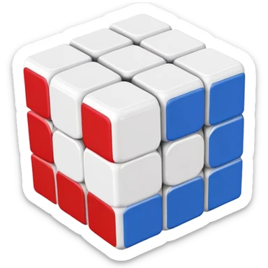 A partially solved 3x3 Rubik's Cube with only blue, red, and white colors, simple clean iOS emoji style sticker