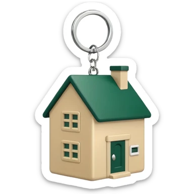 keychain in the shape of a house, dark green house, light beige keys and ring, emoji style sticker