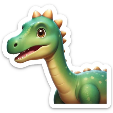 Cinematic Cute Brontosaurus Portrait Emoji, Head tilted playfully with a gentle smile, featuring a charming, massive form with an elongated neck and a small, endearing head adorned with bright, curious eyes, Simplified yet irresistibly adorable features, highly detailed, glowing with a warm, inviting prehistoric glow, high shine, affectionate and lively, stylized with a touch of whimsical ancient charm, soft glowing outline, capturing the essence of a playful Brontosaurus that seems as if it could amble out of the screen into your arms! sticker