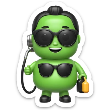 A cute 3D icon of a green gas pump character wearing oversized black sunglasses. Round and chubby proportions, glossy toy-like texture, soft pastel lighting, friendly expression, smooth edges, high-quality render, isolated on a transparent background. sticker