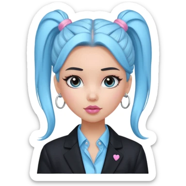 generate a pretty bratz girl wearing a light blue full sleeve shirt, silver small hoops, pink lipgloss, black blazer, hair tied up in a ponytail (black hair) sticker