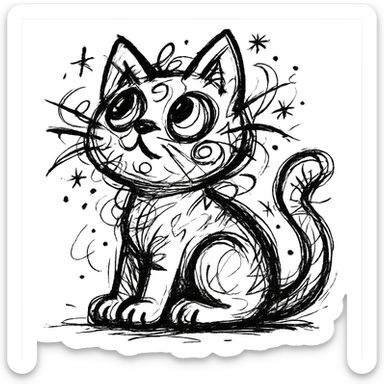 chaotic outlined icon of a cute kitten sitting and looking up, with wild scribbled lines sticker