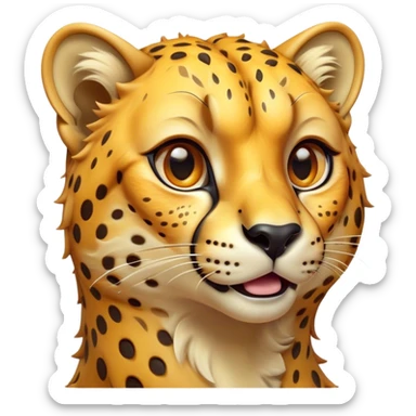 Cinematic Comical Cheetah Portrait Emoji, Head tilted dramatically with an exaggeratedly amused expression, featuring a striking, glossy golden Fur with bold spots, wide, expressive amber eyes filled with playful disbelief, Simplified yet hilariously expressive features, highly detailed, glowing with a slightly sassy glow, high shine, dramatic yet playful, stylized with an air of cheeky mischief, bright and endearing, soft glowing outline, capturing the essence of a spirited and over-the-top cheetah, so meme-worthy it feels like it could dash its way into internet fame instantly! sticker