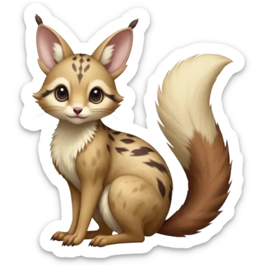 Brown-pointed, beige, soft natural realistic romantic vintage antique divine beautiful elegant pretty precious cute young youthful  Fakémon-Pokémon-alien-opossum-squirrel-feline-serval-caracal-chinchilla-Minccino-Cinccino-Meowstic-rodent-hybrid-creature with a big fluffy bushy tail (full body) sticker