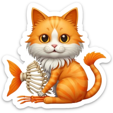cat full body sitting with fish skeleton with fins and bones in mouth sticker