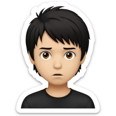 Boy, light brown skin, black hair, short long, emo, shaggy, creepy expression sticker