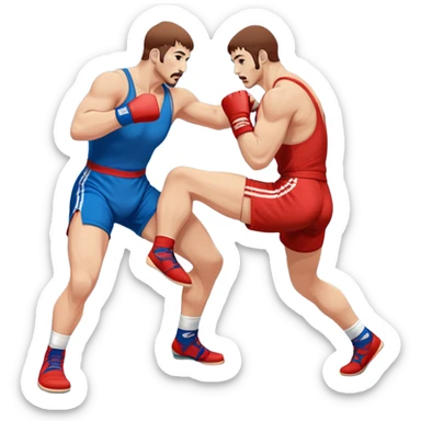 Two Sambo fighters in blue and red gis with shorts and wrestling shoes, executing gripping and throwing techniques. The fighters are engaged in a dynamic, action-packed moment with no strikes. The background features a wrestling mat, focusing on the technique and control. Transparent background  sticker
