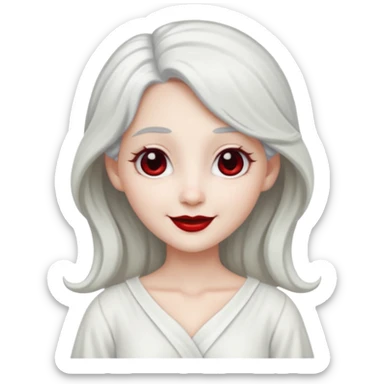 vull un perosnatge estil bimoji que sigui com una nimfa bella i fantasmal amb túniques blanques. Té la pell literalments blanca com el guix, cabell platejat, un nas llarg, ulls negres grans i llavis carmesí. que estigui somrient sense arrecades  sticker