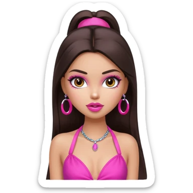 generate a pretty fair bratz girl with dark brown eyes, dark brown hair straight long. Wearing a hot pink halter neck top.  pink lipgloss sticker