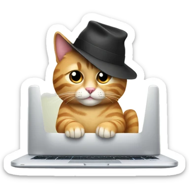 A cat with a hat is sitting and typing on the Laptop sticker