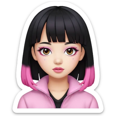 Girl with black hair but pink bangs and has a K-pop global pop star face sticker