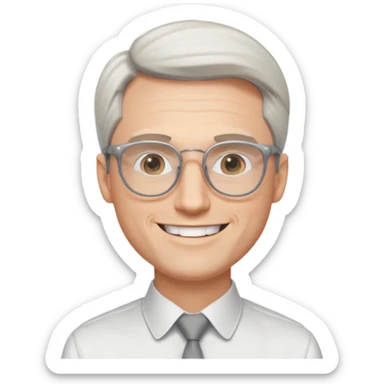 30 yr old pale white man, white/grey side swept stylish hair, round glasses, big smile, white teeth, handsome, longer hair, thin glasses, white dress shirt, smooth forehead, botox, no tie, open collar sticker