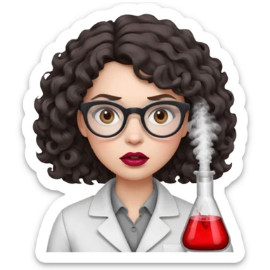 A crazy female scientist, with curly-wavy dark brown medium lenght hair, brown eyes and light grey glasses and pale skin and pinkish lips, dressed to look like an english teacher but in neutral tones like grey black white, maybe with the pop of dark red, she should look slighltly mad/crazy sticker