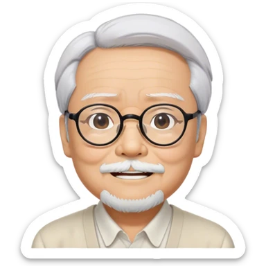 ​Cinematic Realistic Portrait of Hayao Miyazaki, depicted with defined black eyebrows, and large rectangular glasses, his happy expression rendered in lifelike detail, illuminated with soft, realistic lighting that emphasizes his creative genius, sticker