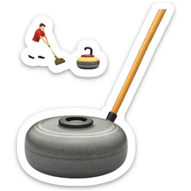 An icon showing a detailed close-up of a curling stone sliding across the ice, with a broom in motion beside it. The background features an indoor stadium with cheering spectators on the stands. Transparent background captures the strategy and focus of curling. sticker
