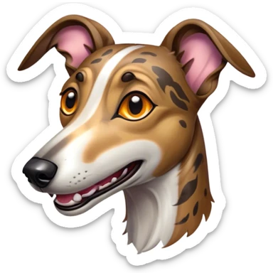 Cinematic Comical Brindle Greyhound Portrait Emoji, Head tilted dramatically with an exaggeratedly amused expression, featuring a striking brindle Fur with bold patterns, wide, expressive eyes filled with playful disbelief, Simplified yet hilariously expressive features, highly detailed, glowing with a slightly sassy glow, high shine, dramatic yet playful, stylized with an air of cheeky mischief, bright and endearing, soft glowing outline, capturing the essence of a spirited and over-the-top racer, so meme-worthy it feels like it could side-eye its way into internet fame instantly! sticker