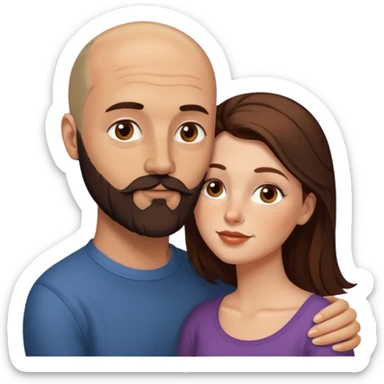 Couple. Bald man with dark brown-black beard. White woman with many small, faded freckles, she has white skin and she has auburn-brown-cinnamon, dark long hair. She has light brown eyes. The man have hazel eyes. Retro style. She kisses him on the cheek. sticker