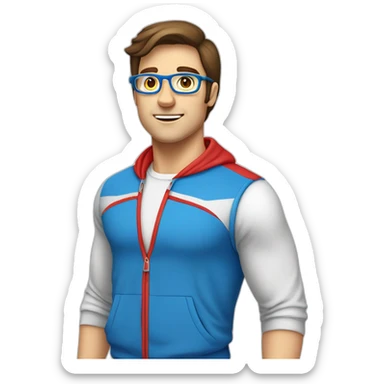 retro 70s blue and red gym clothes for a modern white brunette uni male student with glass sticker