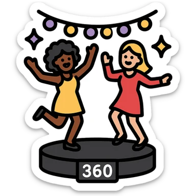 small simple icon of two women, one Black and one White, dancing on a 360 spin booth, surrounded by party lights in purple gold and black, luxury event style sticker