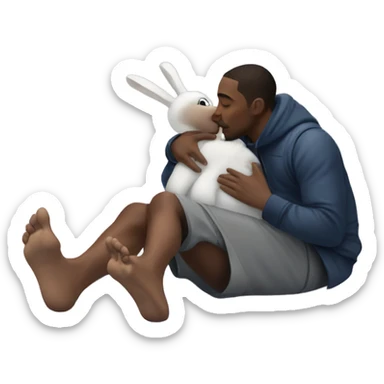 Black man kissing a snow bunny laying on the floor with his feet in the air on a snowy forest sticker