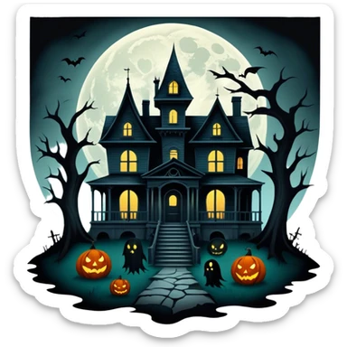 Icon for Horror Movies: A dark, eerie collage featuring iconic horror elements like a haunted house, a full moon, sinister shadows, and creepy creatures emerging from the darkness. The atmosphere should be chilling, with a feeling of suspense and fear. Transparent background. sticker