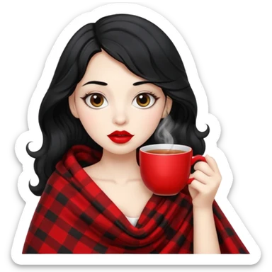 Long wavy Black haired, white skinned, black big eyed girl with red lipstick wrapped in a blanket, sipping tea sticker