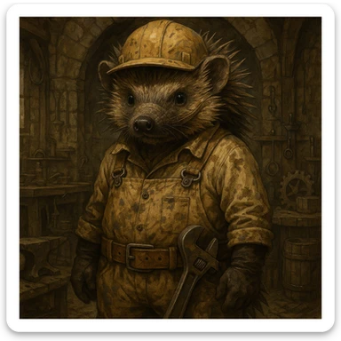 fantasy hedgehog character in engineer uniform, soiled clothes and muzzle, medieval workshop backdrop, direct look, dungeons and dragons, detailed illustration, artstation quality sticker