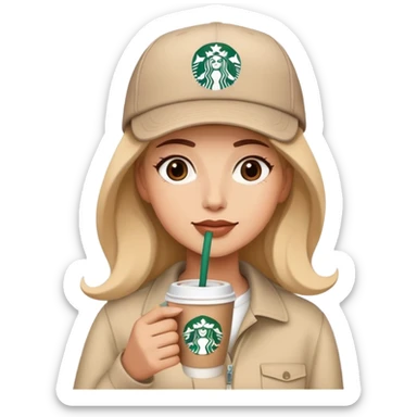 Una señora de gorra beige bebiendo un café de Starbucks sticker