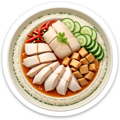 Singapore Hainanese chicken rice with sliced chicken, fragrant rice, cucumber and chili sauce sticker