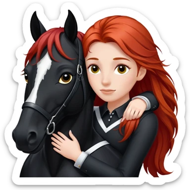 A red-haired girl with long hair and in the form of a rider hugs a black horse with a white stripe on her face and a black mane sticker
