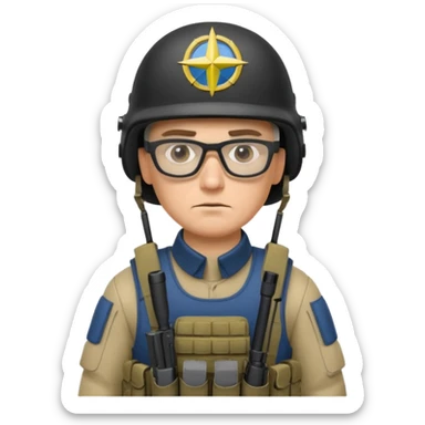 Ukrainian intelligance agency warrior man in platecarrier with nato riffle in helmet and glasses sticker