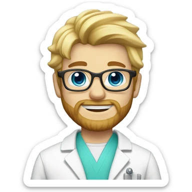 blonde dentist with fair skin, little beard, wearing a lab coat and called Leonardo Hammey sticker