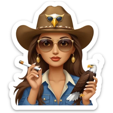 Country woman in cowboy hat with long brown hair with sunglasses with bald eagle on her arm and a cigarette in her mouth  sticker