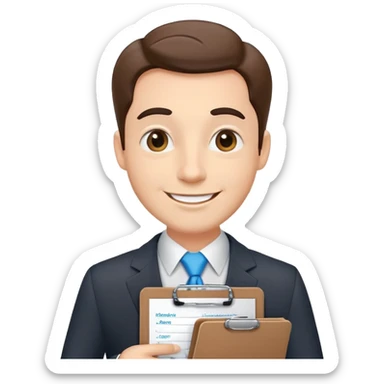 car salesman with a clipboard, cheerful expression, suit sticker