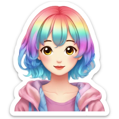 Gorgeous anime style shojo character with blushing face aesthetic and pretty colorful shiny gradient neon rainbow hair with hair garment trending style sticker