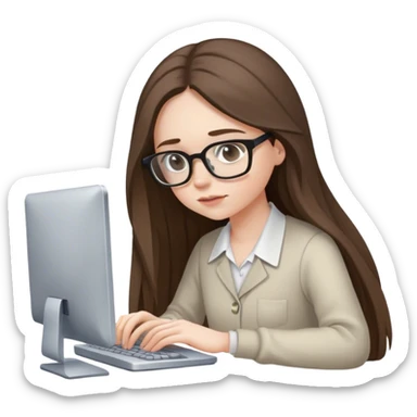 pale brunette girl with long hair wearing glasses working on computer looking down sticker