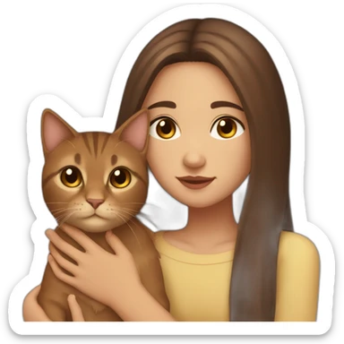 Lights skin kabyle girl with long straight brown hair and eyes petting a brown cat sticker